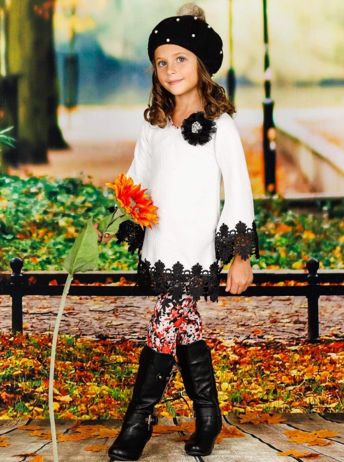 Girls Long Sleeve Crochet Trimmed Tunic & Matching Leggings Set - Girls Fall Casual Set
