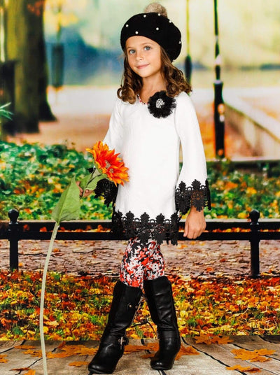 Girls Long Sleeve Crochet Trimmed Tunic & Matching Leggings Set - Girls Fall Casual Set