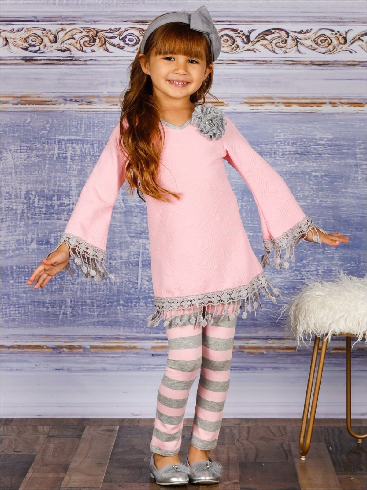 Girls Long Sleeve Crochet Trimmed Tunic & Matching Leggings Set - Girls Fall Casual Set