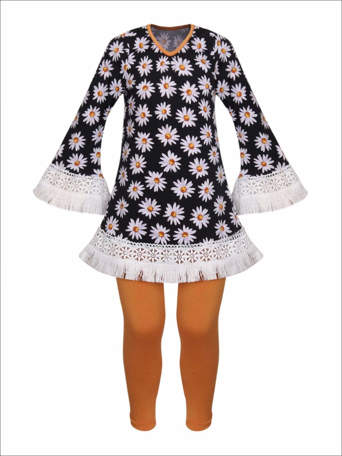 Girls Long Sleeve Crochet Trimmed Tunic & Matching Leggings Set - Black / 2T/3T - Girls Fall Casual Set