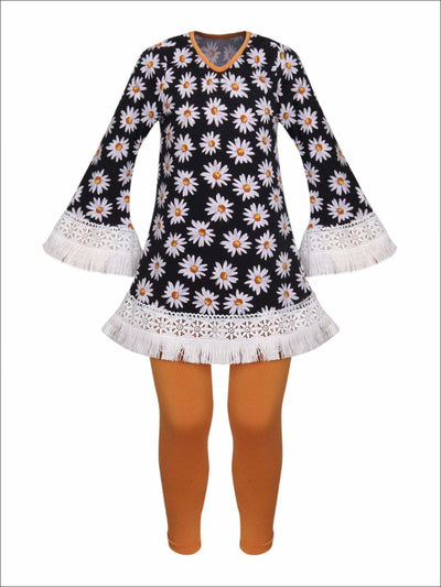 Girls Long Sleeve Crochet Trimmed Tunic & Matching Leggings Set - Black / 2T/3T - Girls Fall Casual Set