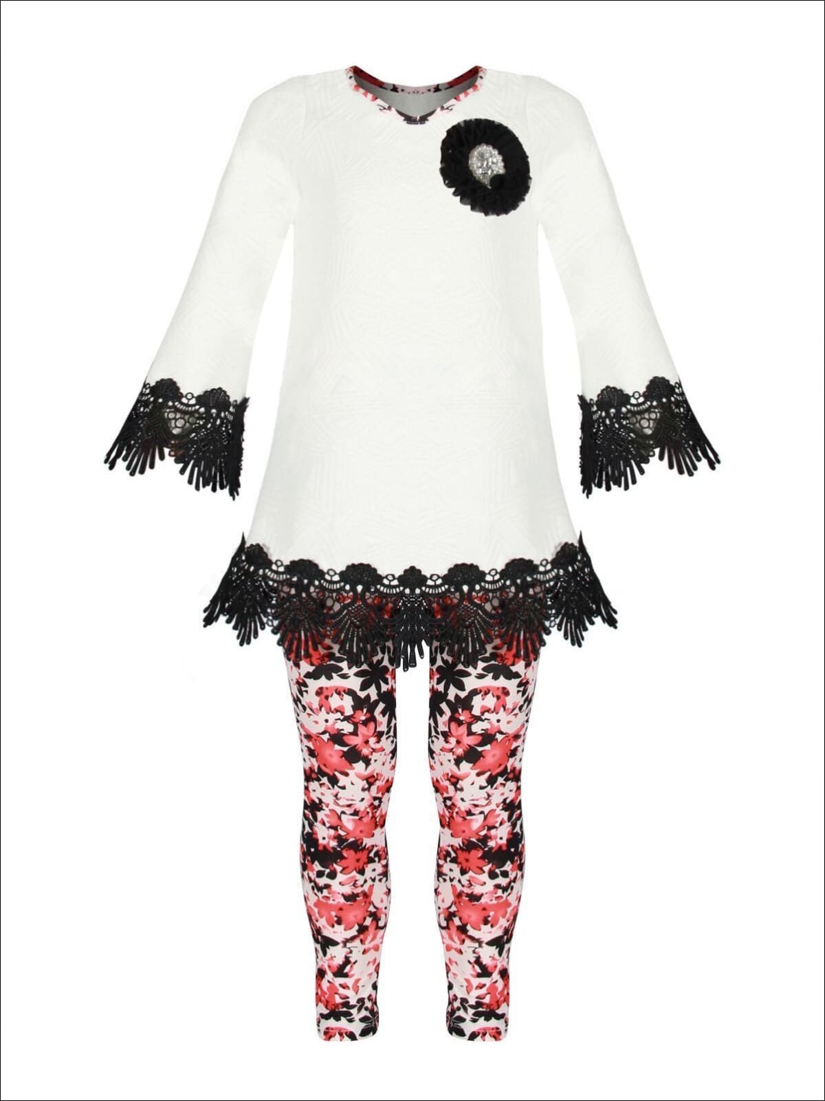 Girls Long Sleeve Crochet Trimmed Tunic & Matching Leggings Set - White / 2T/3T - Girls Fall Casual Set