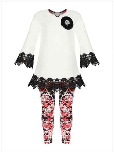 Girls Long Sleeve Crochet Trimmed Tunic & Matching Leggings Set - White / 2T/3T - Girls Fall Casual Set