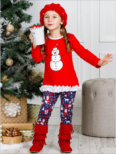 Girls Long Sleeve Ruffled Applique Tunic & Printed Leggings Set - Girls Christmas Set