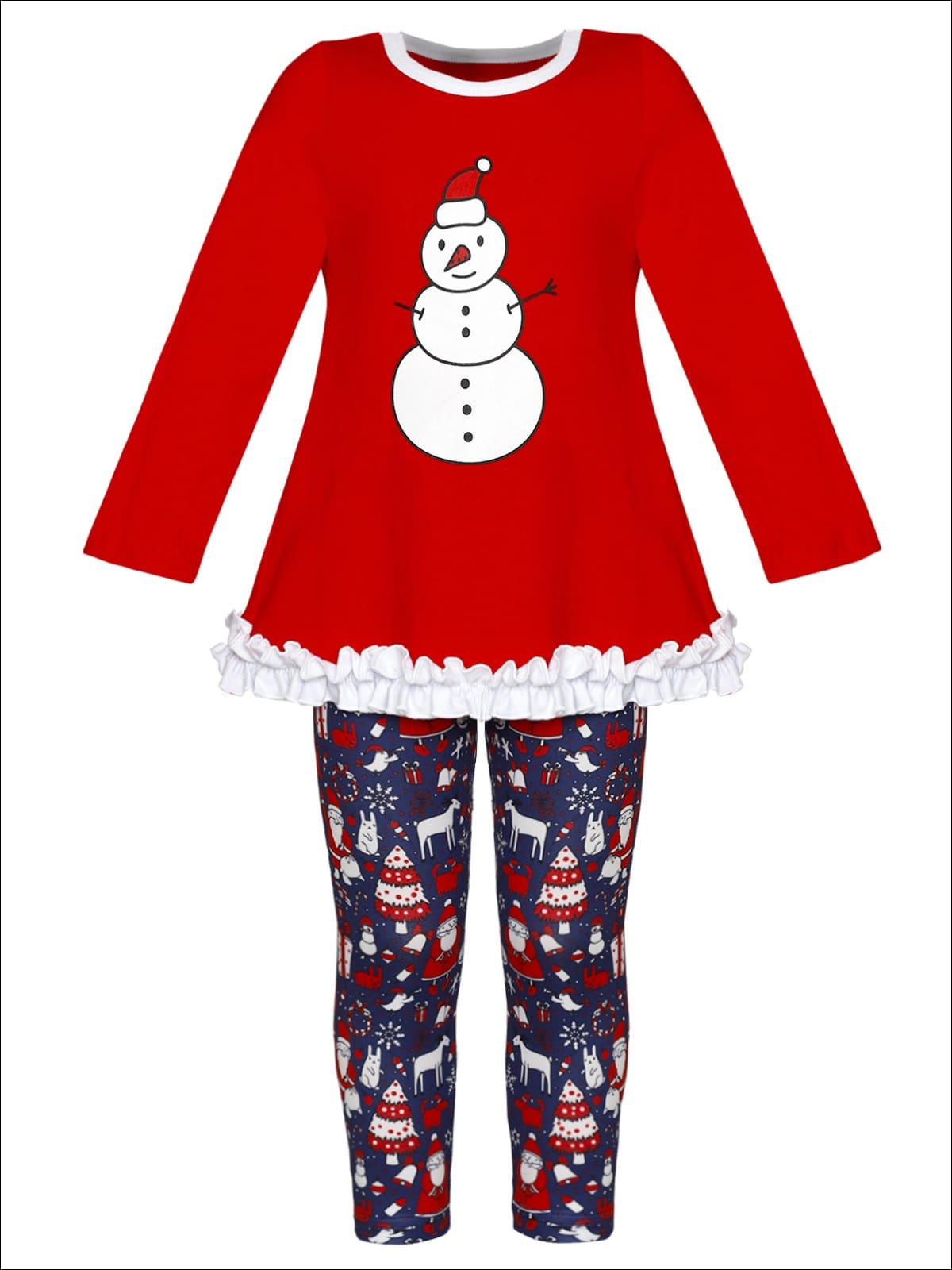 Girls Long Sleeve Ruffled Applique Tunic & Printed Leggings Set - Girls Christmas Set