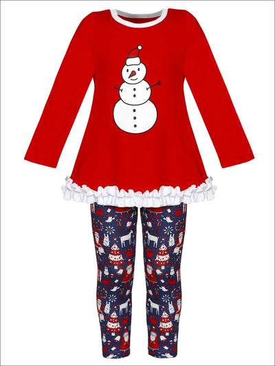 Girls Long Sleeve Ruffled Applique Tunic & Printed Leggings Set - Girls Christmas Set