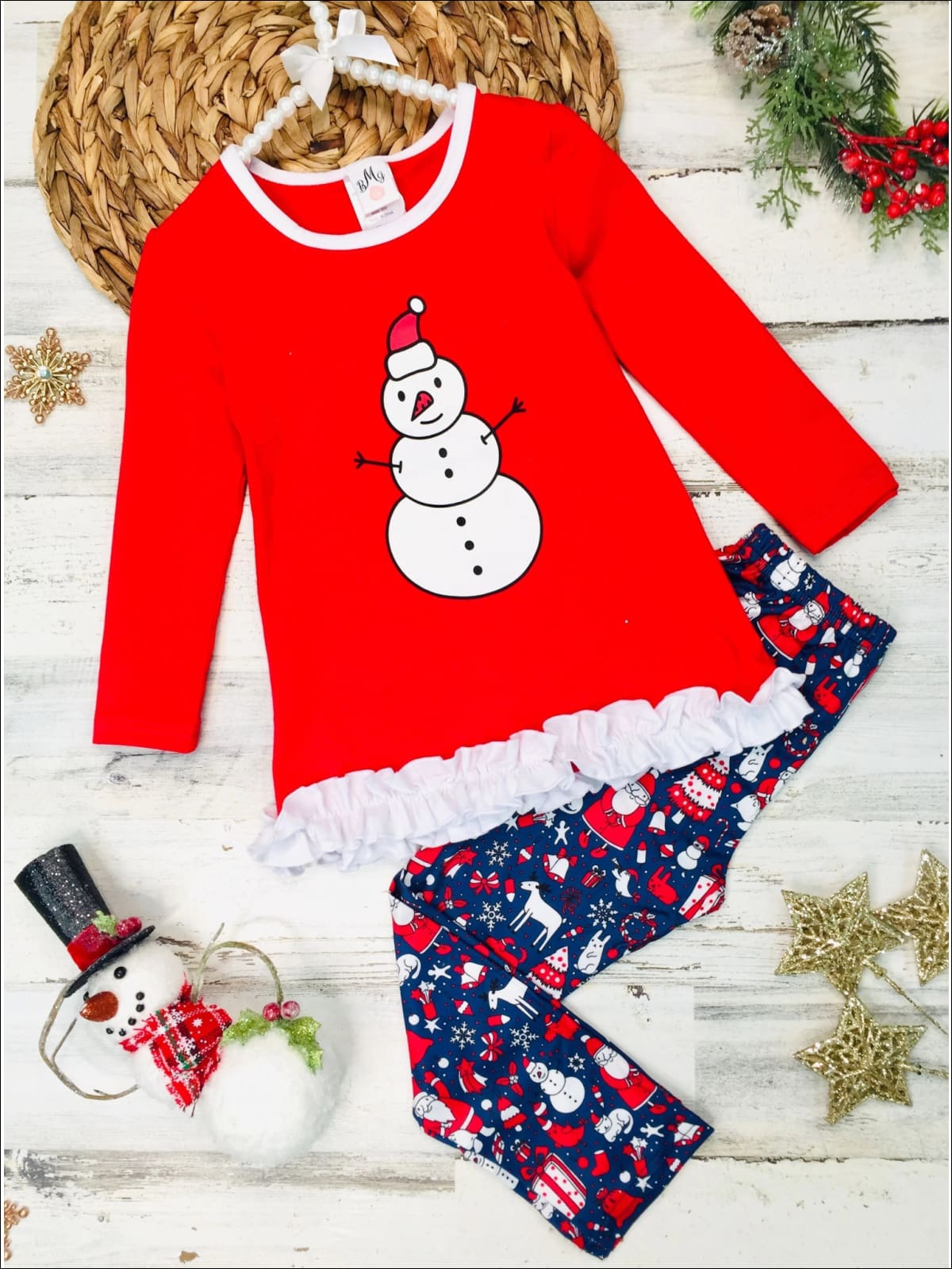 Girls Long Sleeve Ruffled Applique Tunic & Printed Leggings Set - Red / 2T/3T - Girls Christmas Set