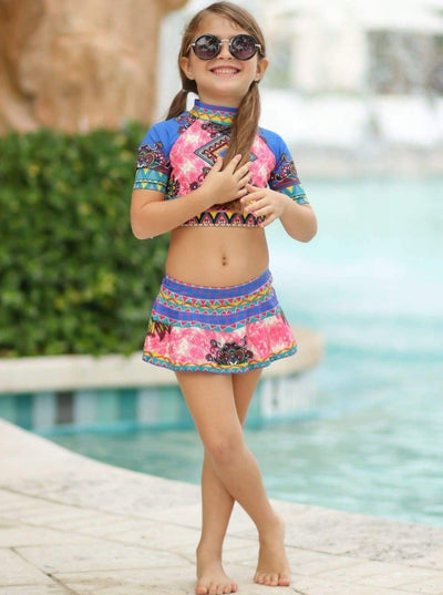 Kids Two Piece Skirted Swimsuits | Girls Abstract Rash Guard Swimsuit