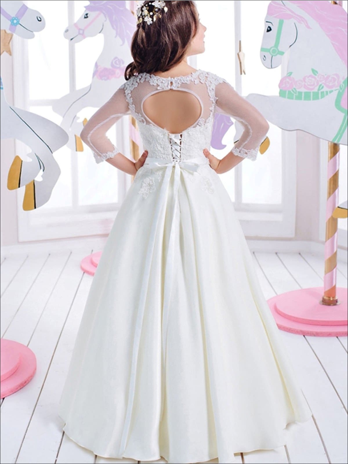 Girls Communion Dresses | White Sheer Sleeve Embellished Pleated Gown