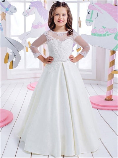 Girls Communion Dresses | White Sheer Sleeve Embellished Pleated Gown