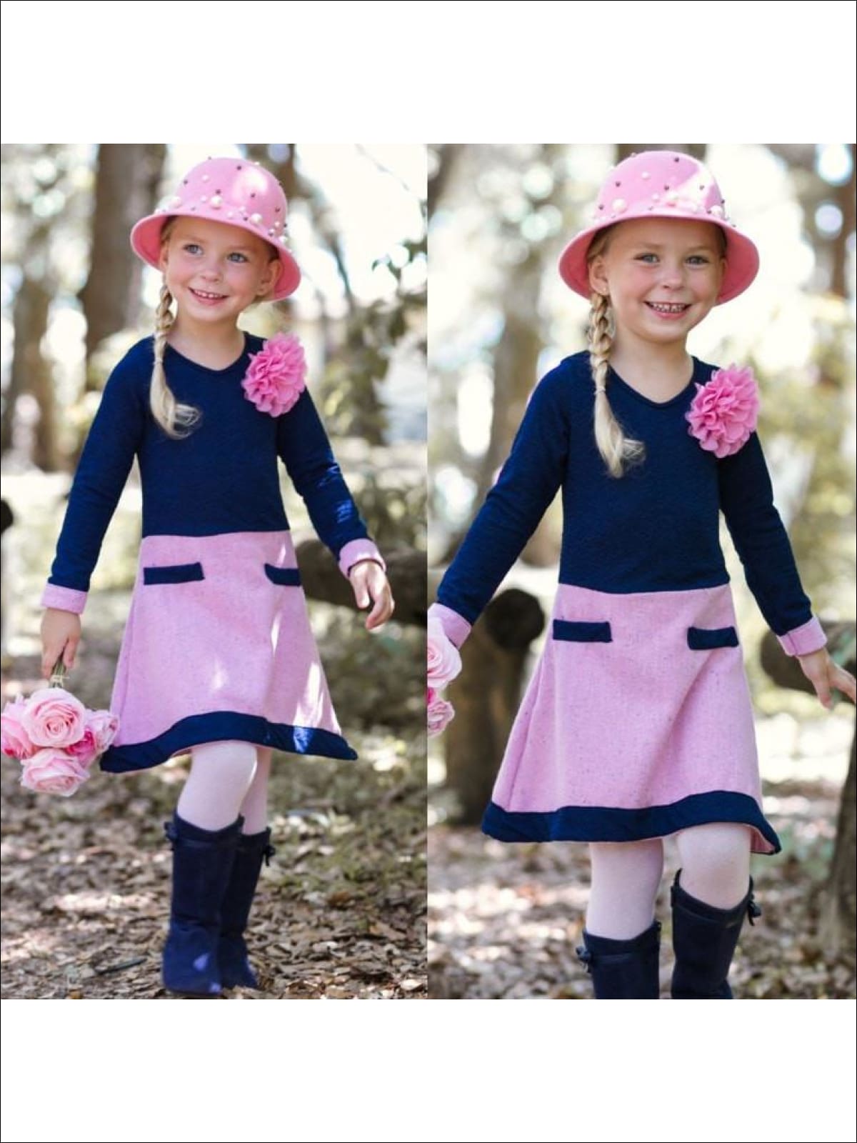 Girls Navy/Pink A-Line Tweed Dress With Faux Pockets - Girls Fall Casual Dress