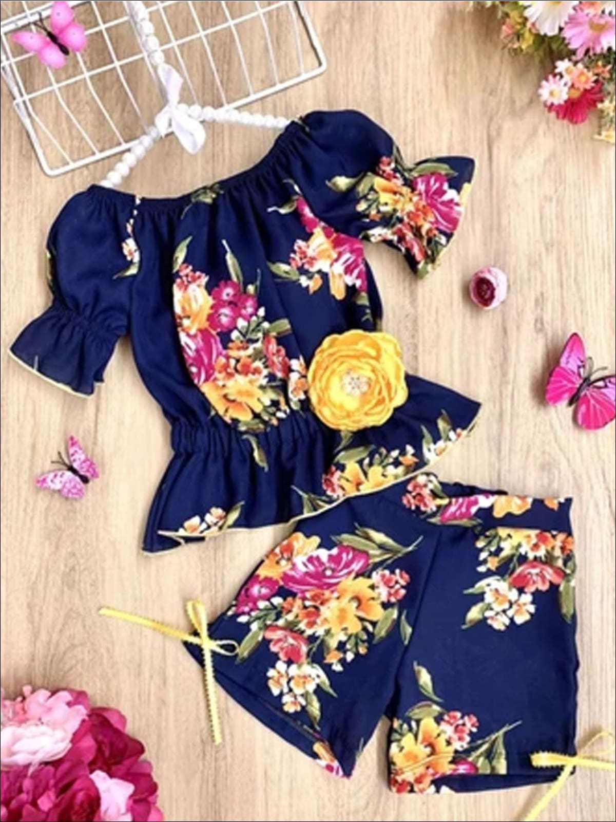 Girls Off Shoulder Boho Ruffle Sleeve and Shorts Set - Navy / 2T/3T - Girls Spring Casual Set