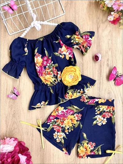 Girls Off Shoulder Boho Ruffle Sleeve and Shorts Set - Navy / 2T/3T - Girls Spring Casual Set