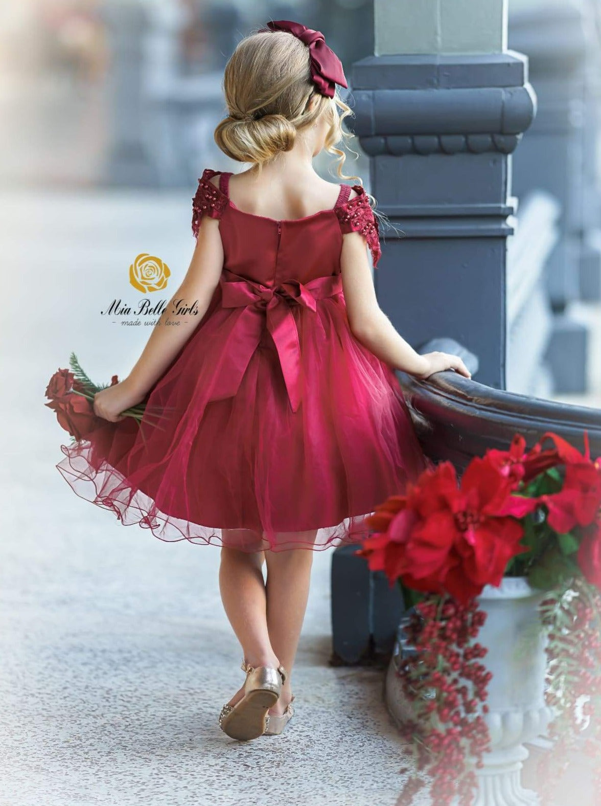 Girls Christmas Dresses | Off Shoulder Lace Applique Holiday Dress