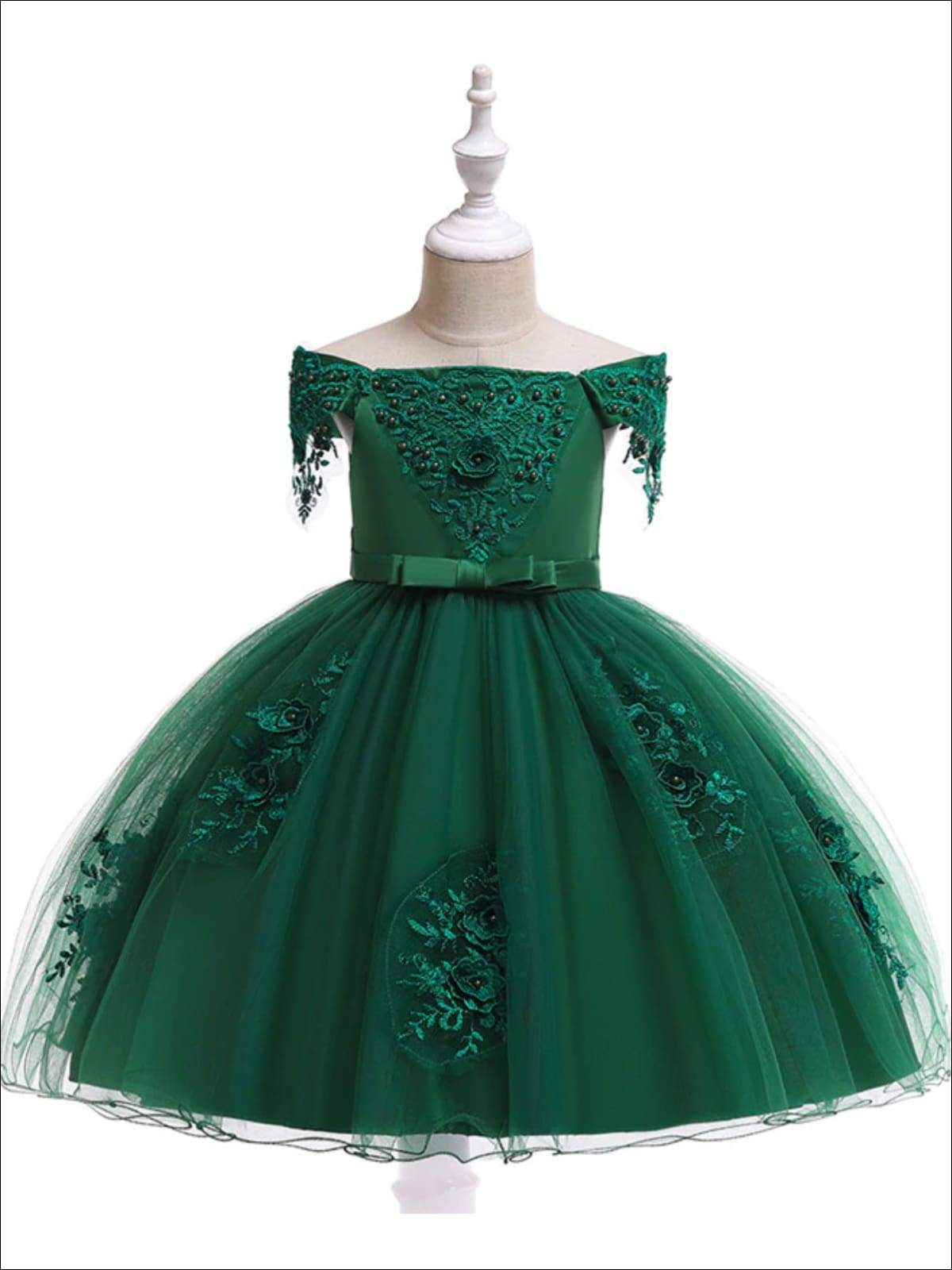 Girls Christmas Dresses | Off Shoulder Lace Applique Holiday Dress