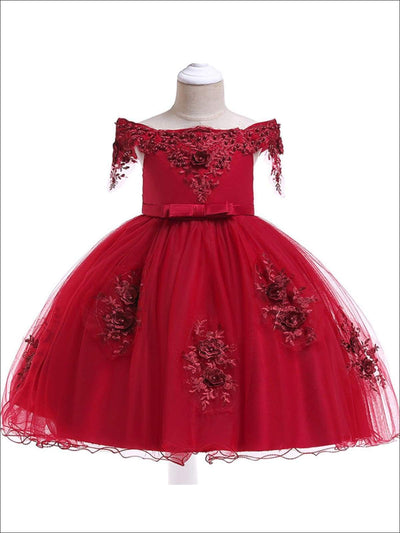 Girls Christmas Dresses | Off Shoulder Lace Applique Holiday Dress