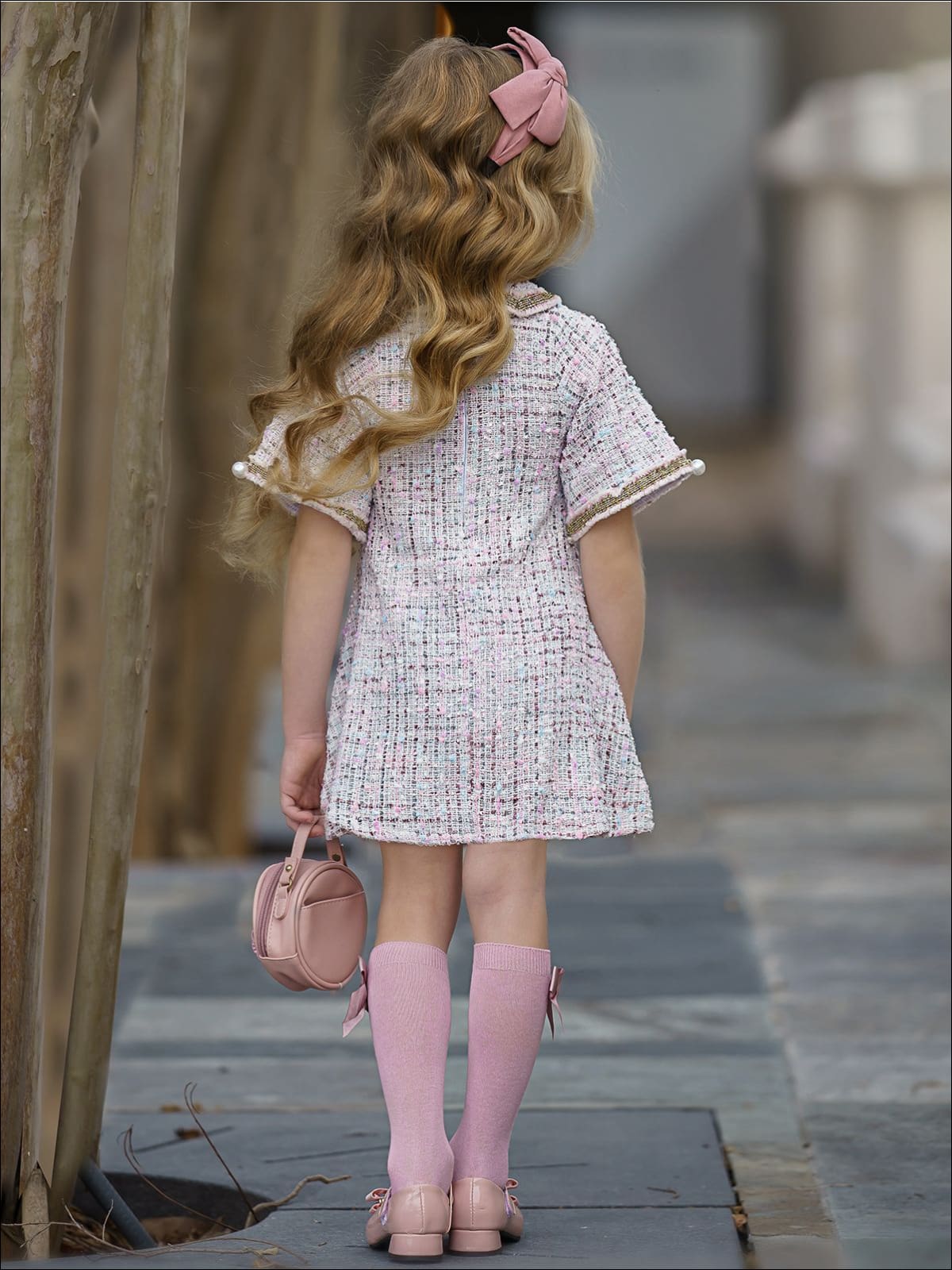 Girls Pearl Embellished Bow Buttoned Tweed Dress - Girls Spring Dressy Dress