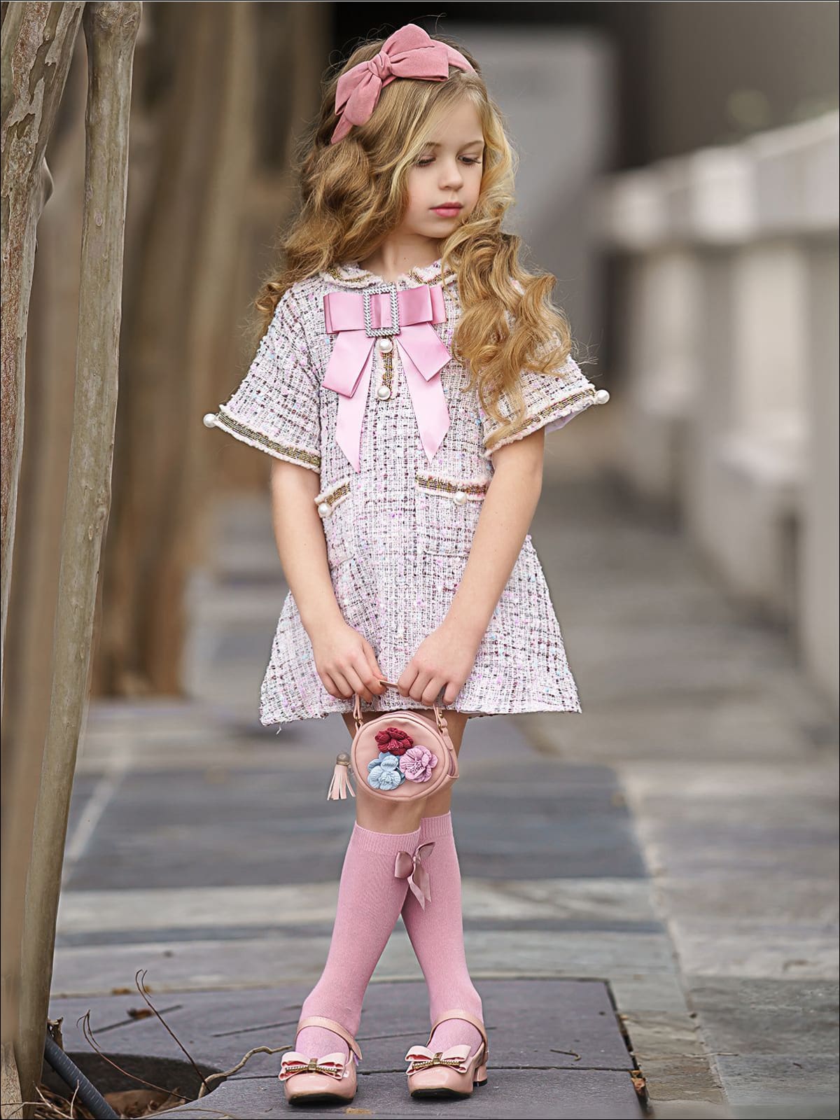 Girls Pearl Embellished Bow Buttoned Tweed Dress - Girls Spring Dressy Dress