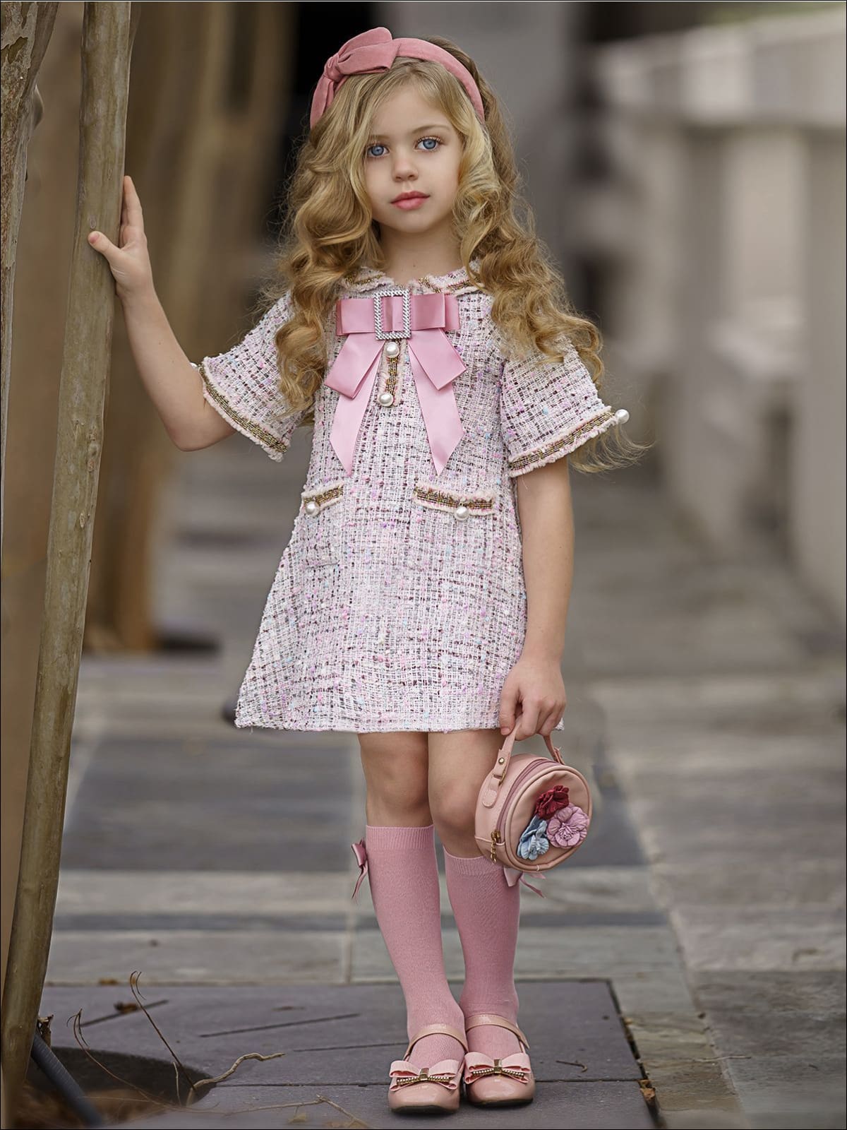 Girls Pearl Embellished Bow Buttoned Tweed Dress - Girls Spring Dressy Dress