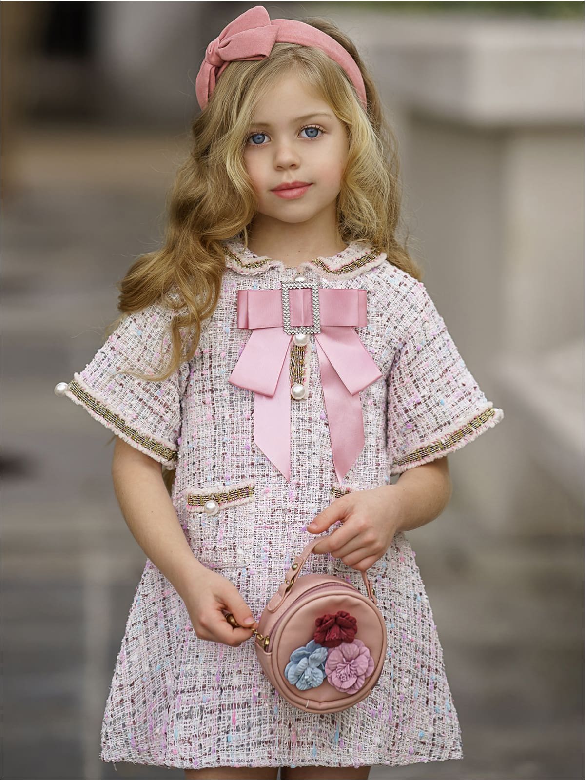 Girls Pearl Embellished Bow Buttoned Tweed Dress - Pink / 3T - Girls Spring Dressy Dress