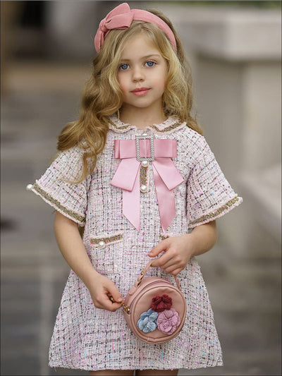 Girls Pearl Embellished Bow Buttoned Tweed Dress - Pink / 3T - Girls Spring Dressy Dress