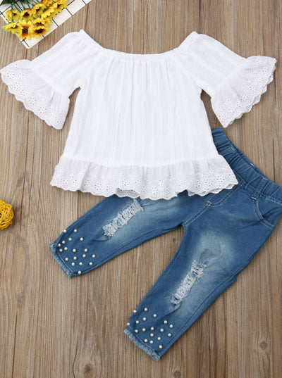 Cute Outfits For Girls | Boho Lace Top & Pearl Studded Denim Set