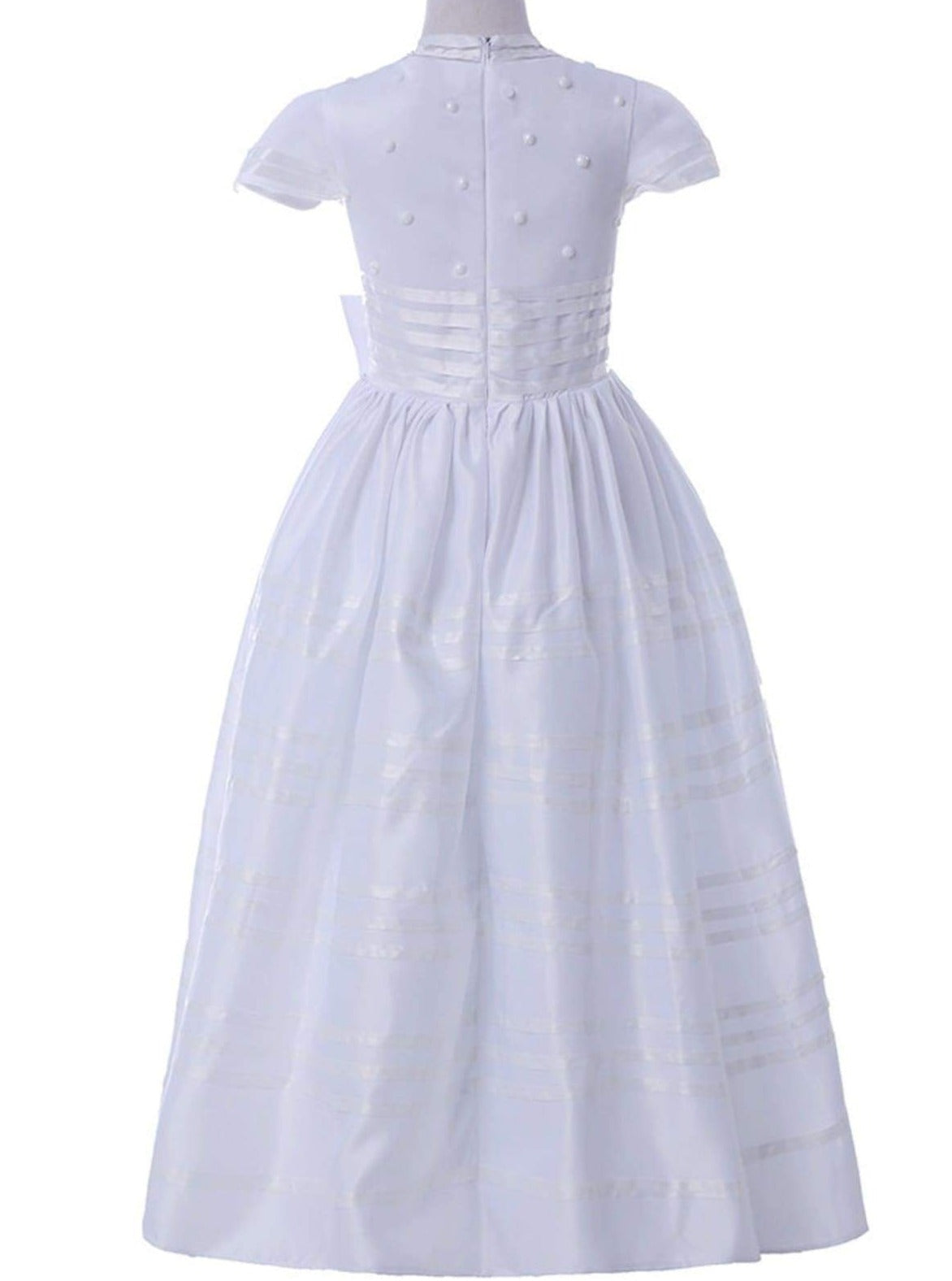 Girls Communion Dresses | White Cap Sleeve Belted Pearl Pleated  Gown