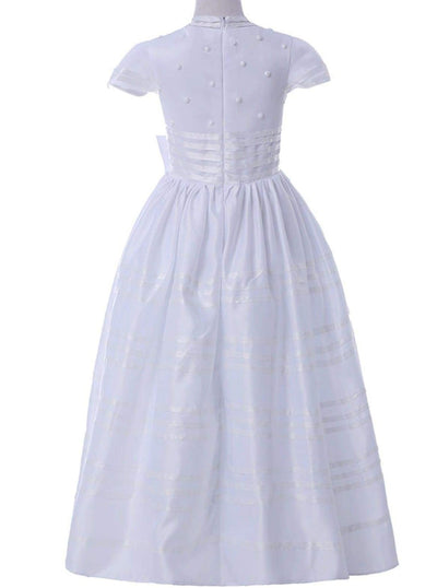 Girls Communion Dresses | White Cap Sleeve Belted Pearl Pleated  Gown