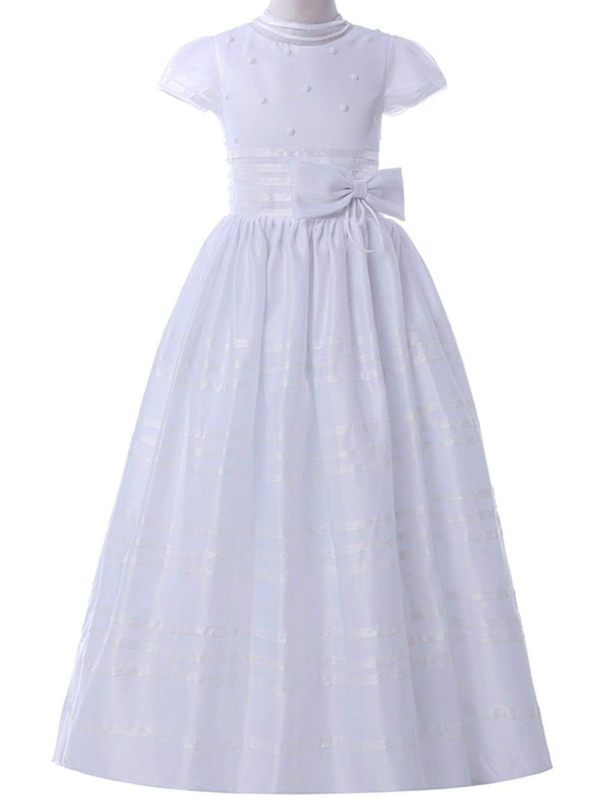 Girls Communion Dresses | White Cap Sleeve Belted Pearl Pleated  Gown