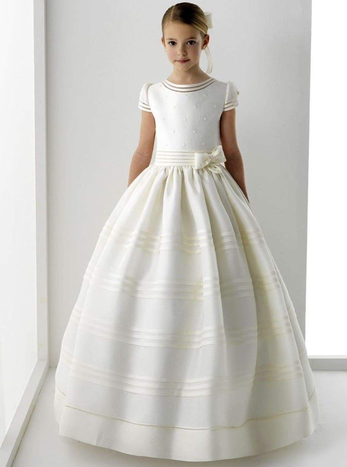 Girls Communion Dresses | White Cap Sleeve Belted Pearl Pleated  Gown