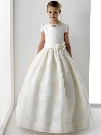 Girls Communion Dresses | White Cap Sleeve Belted Pearl Pleated  Gown