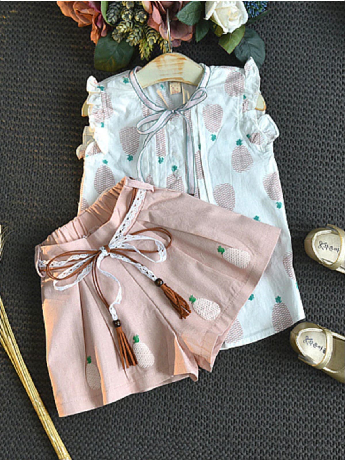 Girls Pineapple Print Ruffled Blouse & Wide Leg Shorts Set - Girls Spring Casual Set