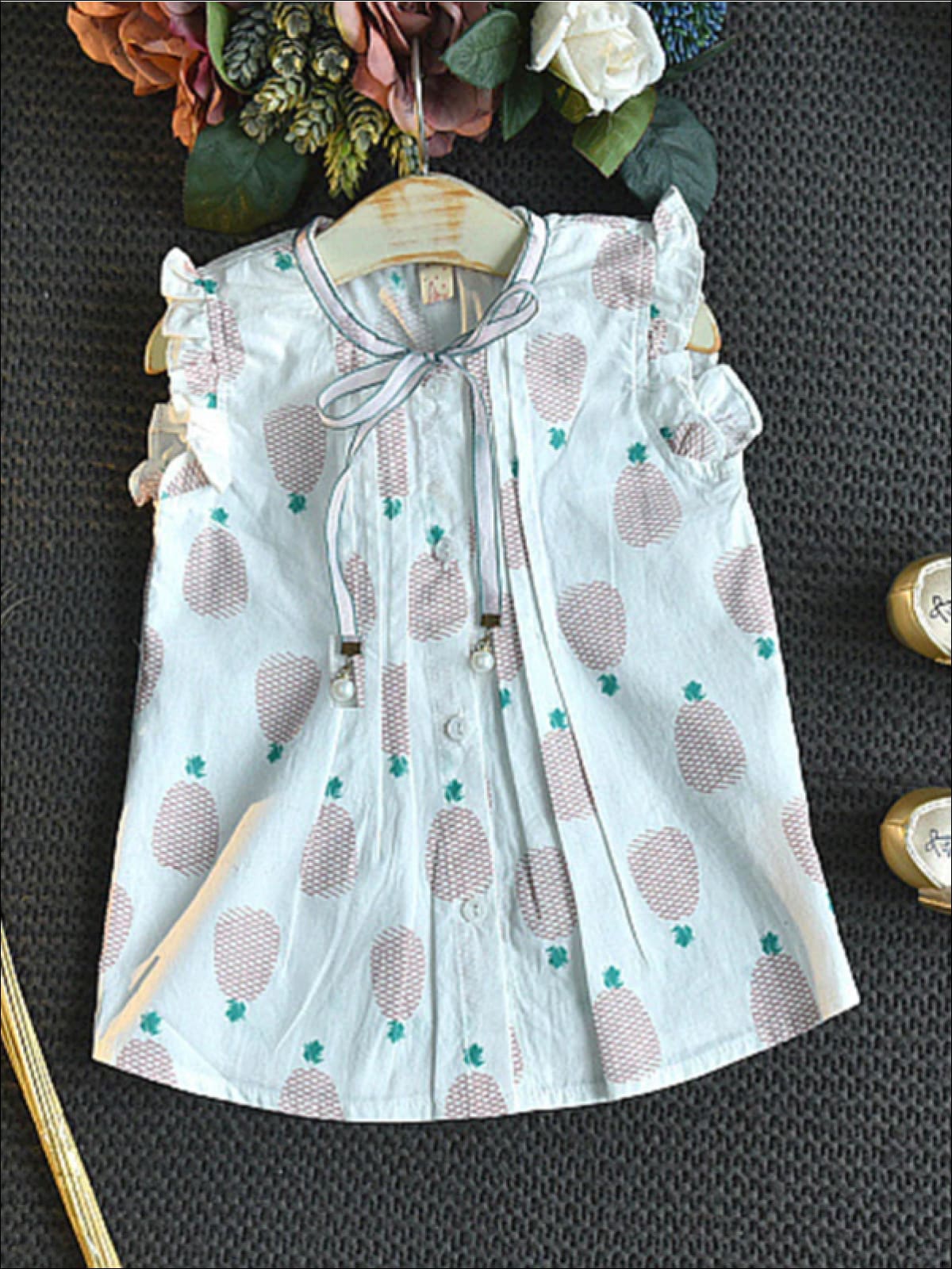 Girls Pineapple Print Ruffled Blouse & Wide Leg Shorts Set - Girls Spring Casual Set