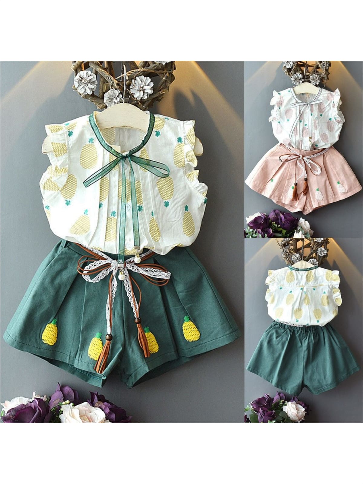 Girls Pineapple Print Ruffled Blouse & Wide Leg Shorts Set - Girls Spring Casual Set