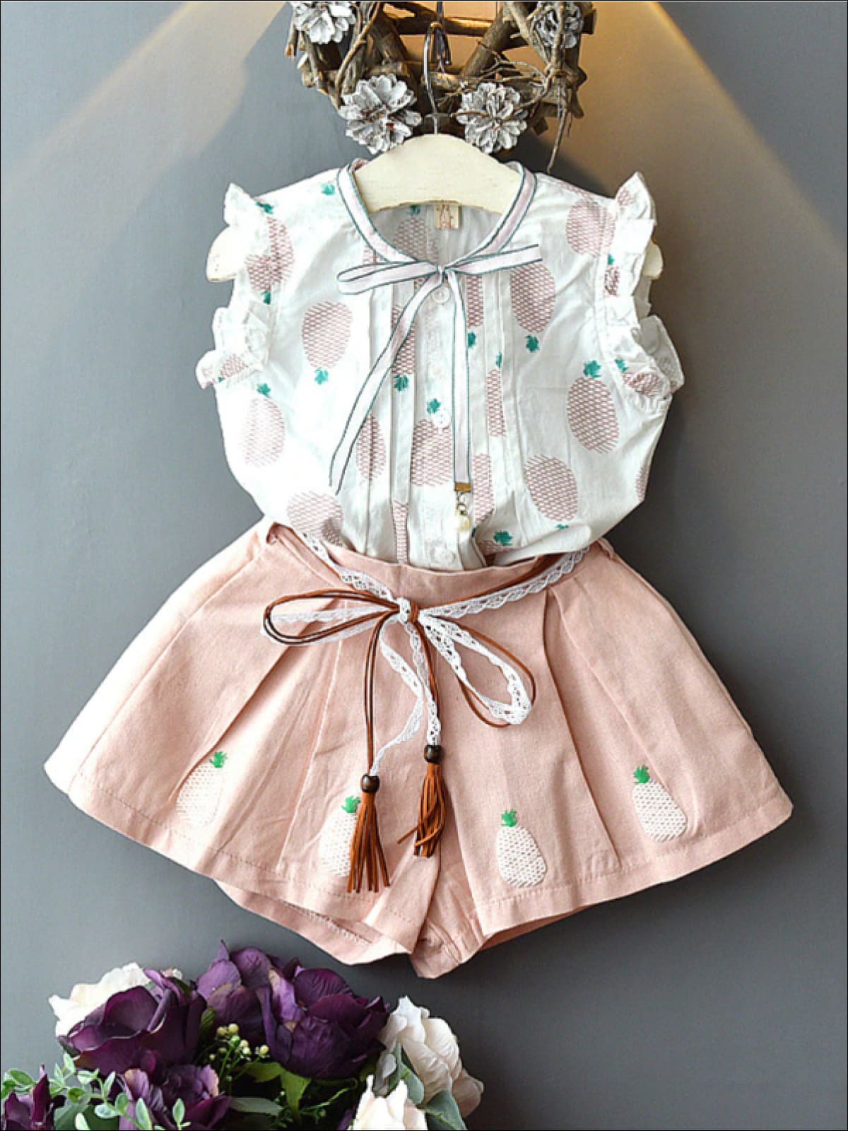 Girls Pineapple Print Ruffled Blouse & Wide Leg Shorts Set - Girls Spring Casual Set