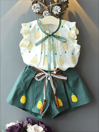 Girls Pineapple Print Ruffled Blouse & Wide Leg Shorts Set - Girls Spring Casual Set