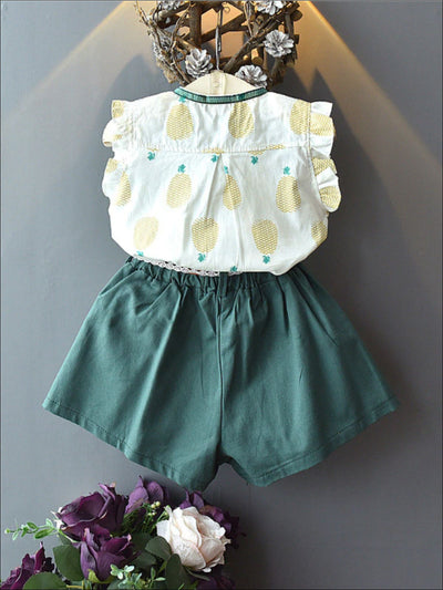 Girls Pineapple Print Ruffled Blouse & Wide Leg Shorts Set - Girls Spring Casual Set