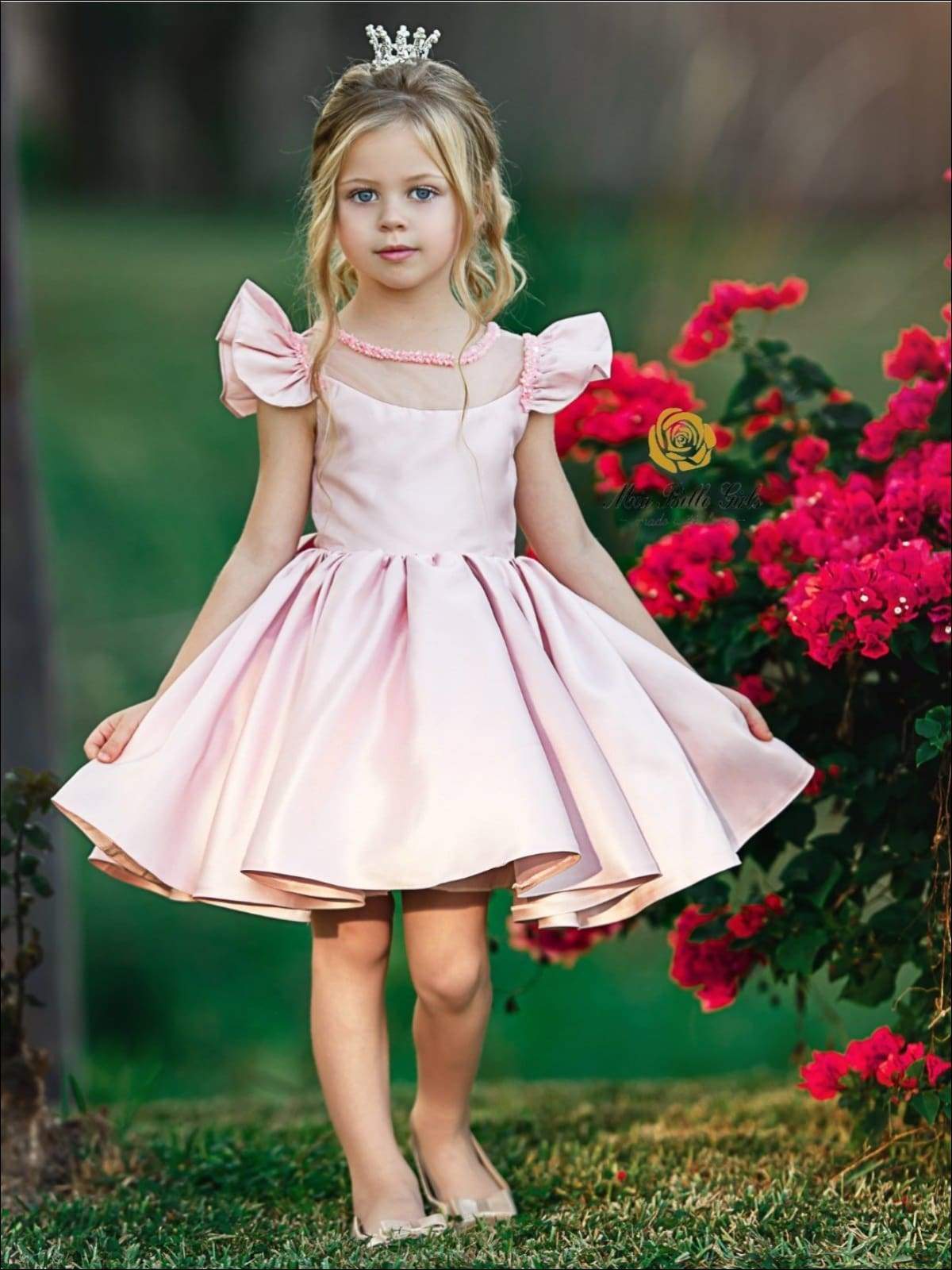 Girls Formal Dresses | Pink Flutter Sleeve Beaded Collar Party Dress