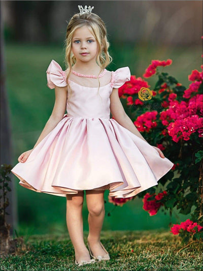 Girls Formal Dresses | Pink Flutter Sleeve Beaded Collar Party Dress
