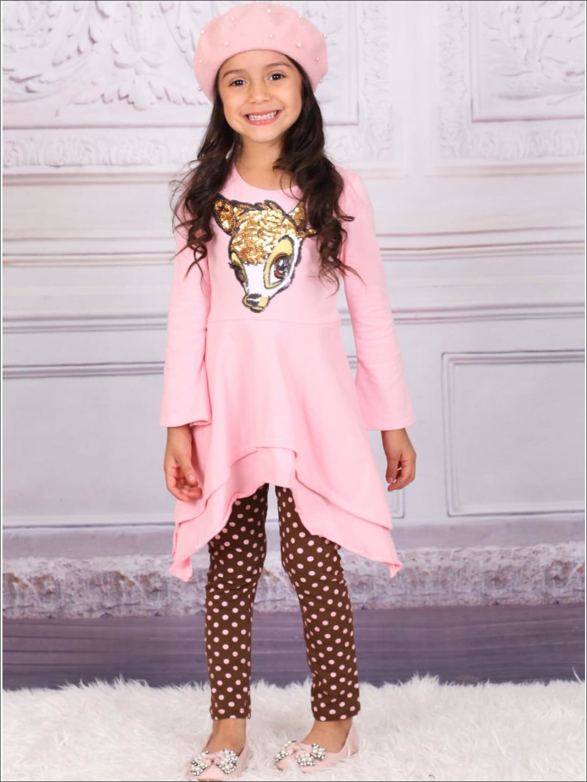 Girls Pink & Brown Double Layer Cuffed Sleeve Tunic & Leggings Set with Bambi Applique - Girls Fall Casual Set