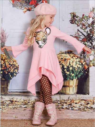 Girls Pink & Brown Double Layer Cuffed Sleeve Tunic & Leggings Set with Bambi Applique - Girls Fall Casual Set