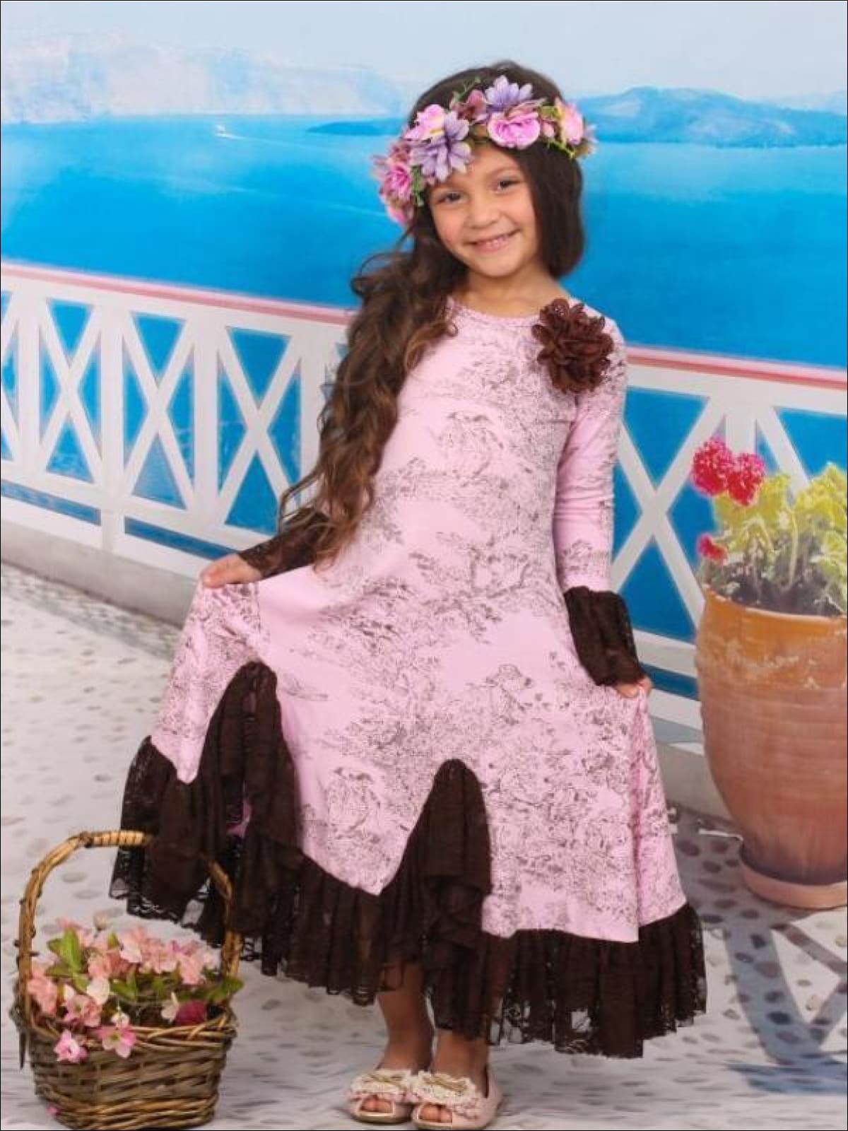 Girls Pink & Brown French Countryside Twirl Dress with Lace Ruffles - Girls Fall Dressy Dress