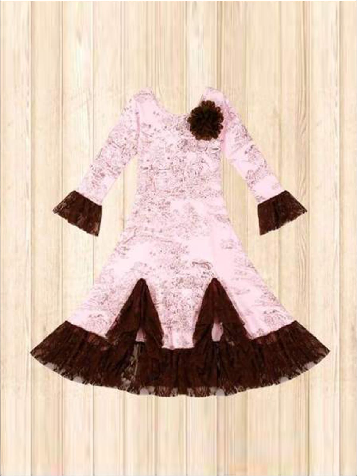 Girls Pink & Brown French Countryside Twirl Dress with Lace Ruffles - Girls Fall Dressy Dress