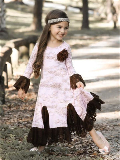 Girls Pink & Brown French Countryside Twirl Dress with Lace Ruffles - Girls Fall Dressy Dress
