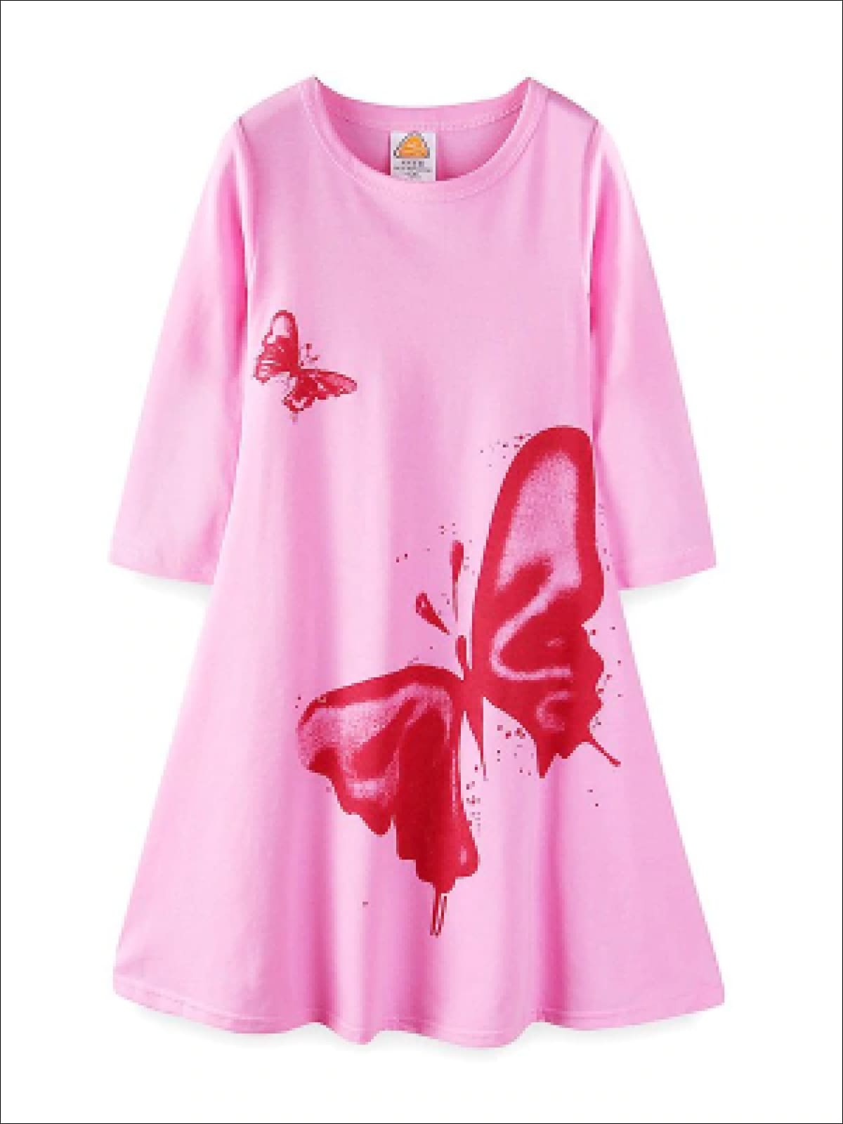 Girls Pink Butterfly Print Dress - Pink / 2T - Girls Fall Casual Dress