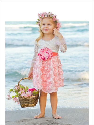 Girls Pink Crème Rosette Lace Hi-Low Dress - Girls Dress