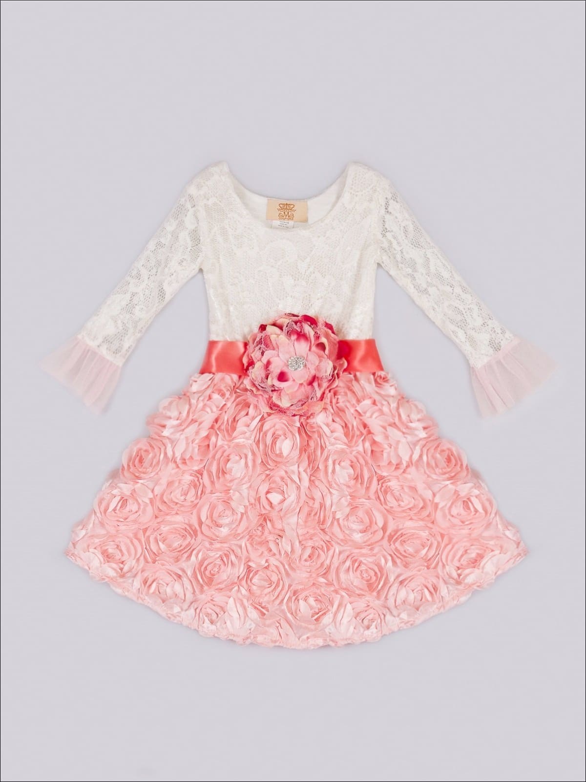 Girls Pink Crème Rosette Lace Hi-Low Dress - Girls Dress