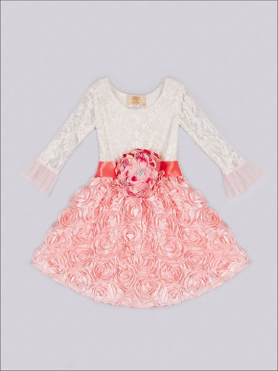 Girls Pink Crème Rosette Lace Hi-Low Dress - Girls Dress