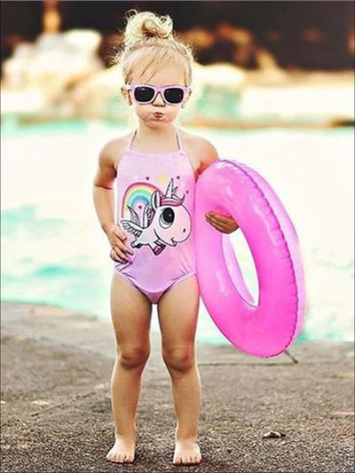 Toddler Swimwear | Little Girls Pink Halter Unicorn One Piece Swimsuit