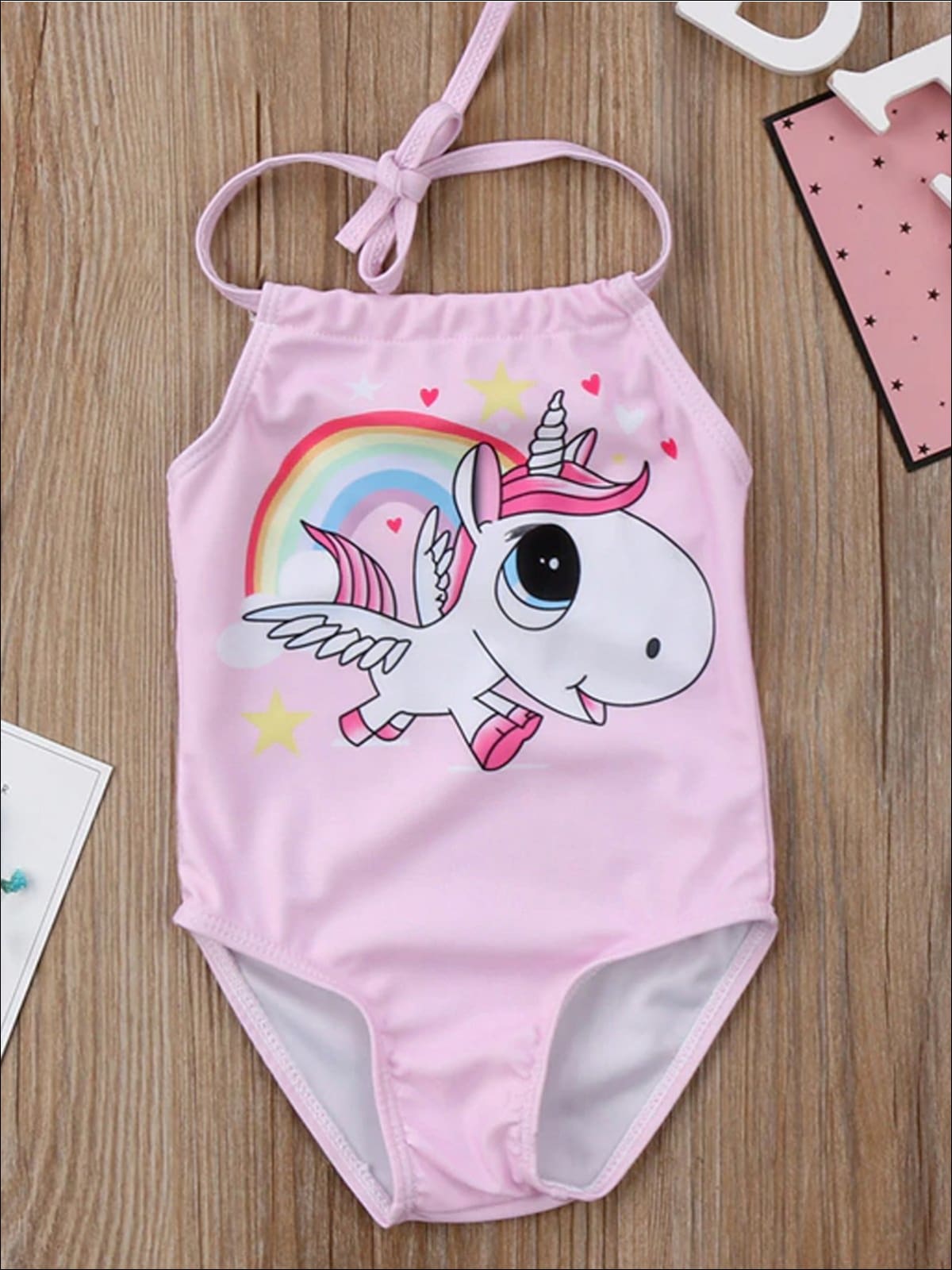 Girls Pink Halter Unicorn Print Backless One Piece Swimsuit - Girls One Piece Swimsuit